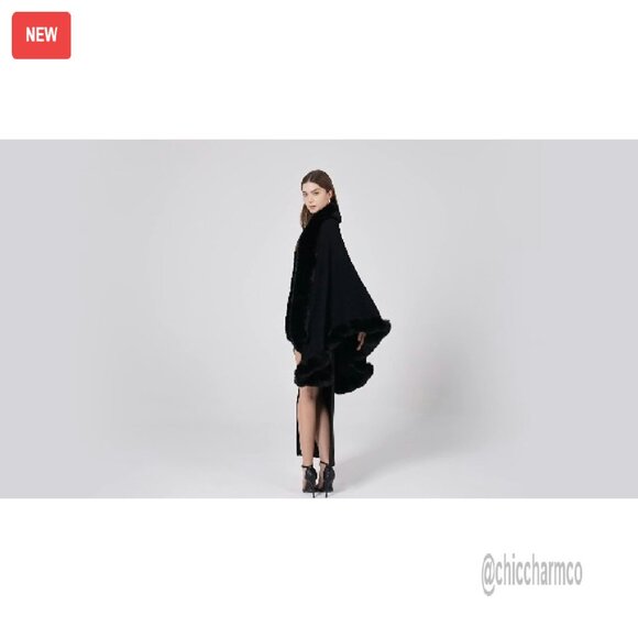 Faux Fur Trim Cardigan Cloak Shawl Wrap Winter Poncho Cape - Picture 8 of 8